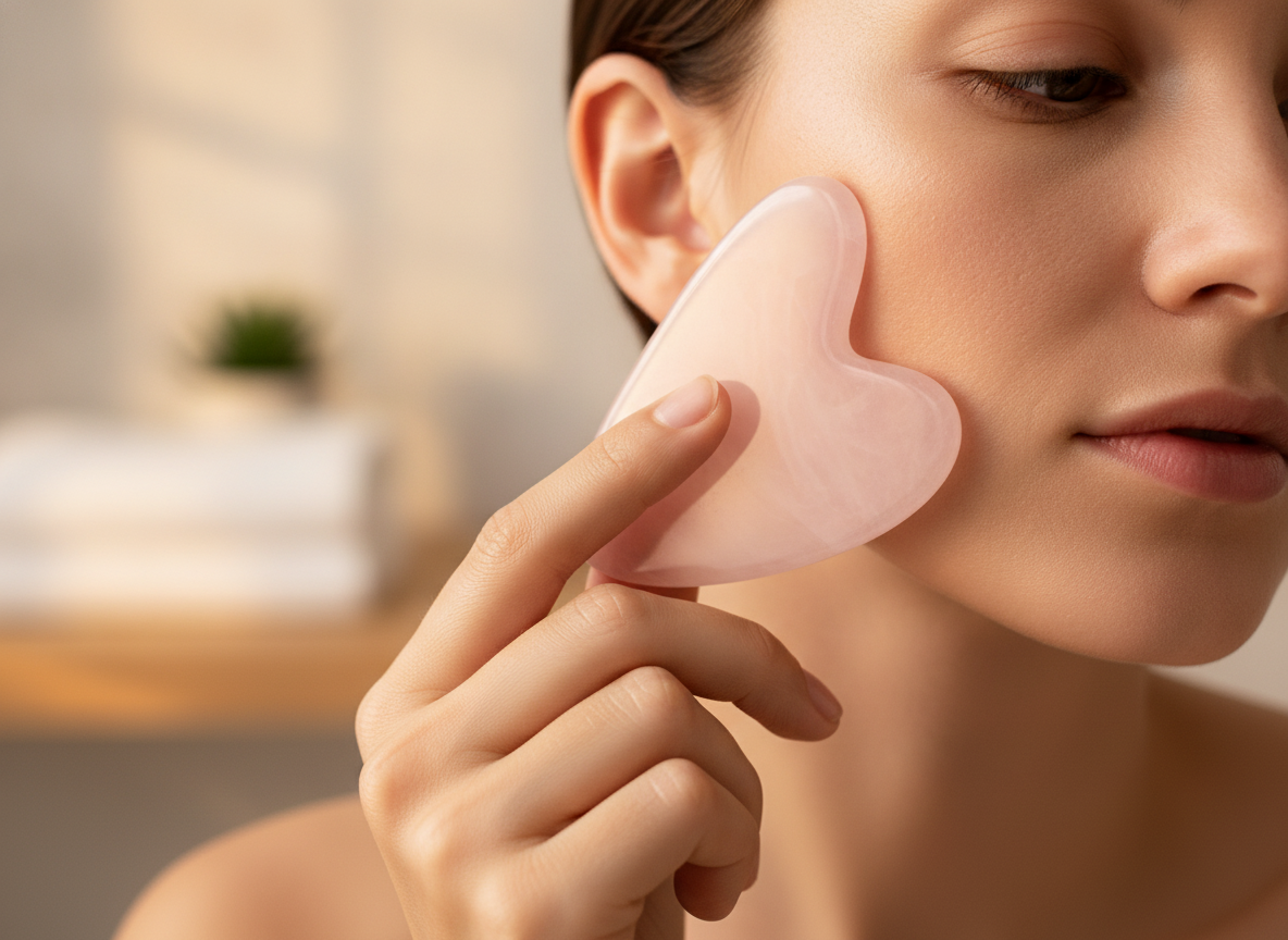 Donna che usa il gua sha viso sullo zigomo