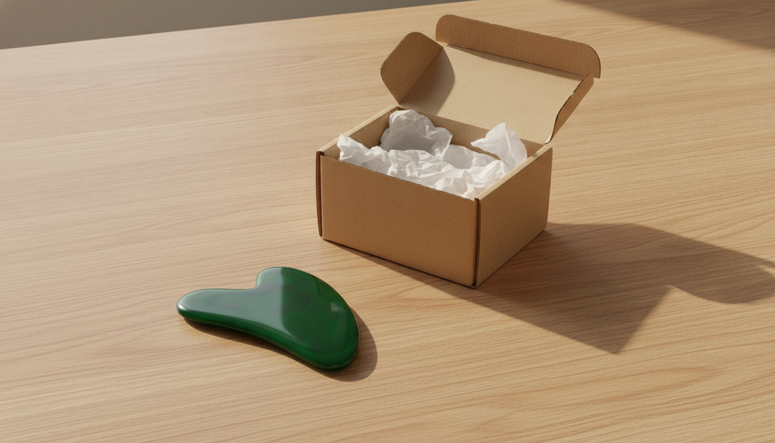 Gua sha verde appoggiato su un tavolo di legno accanto a una scatola di spedizione aperta
