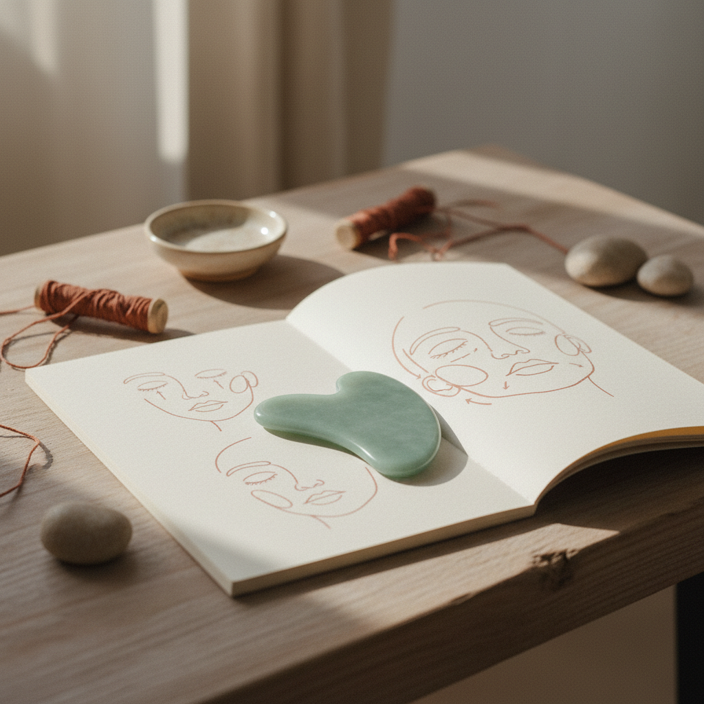 Gua sha in pietra appoggiato su una guida illustrata con i movimenti del massaggio viso