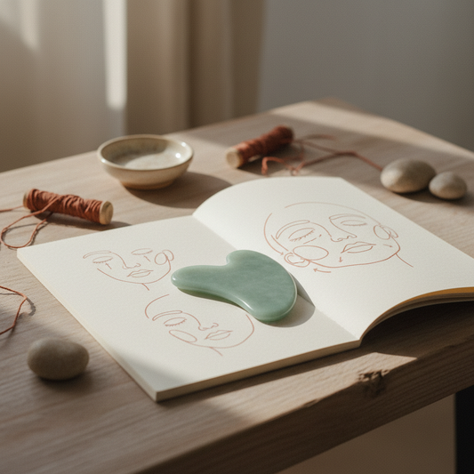 Gua sha in pietra appoggiato su una guida illustrata con i movimenti del massaggio viso