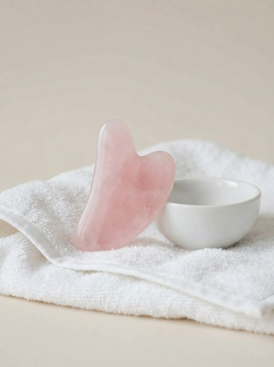 Gua sha in quarzo rosa appoggiato su un asciugamano bianco morbido, accanto a una ciotola