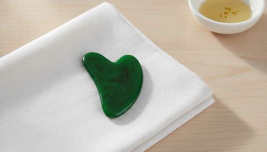 Gua sha viso in giada verde su un telo di lino, guida completa Nuvia