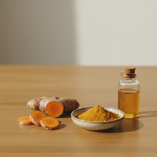 Radice di curcuma fresca, polvere dorata e flacone di olio su legno caldo