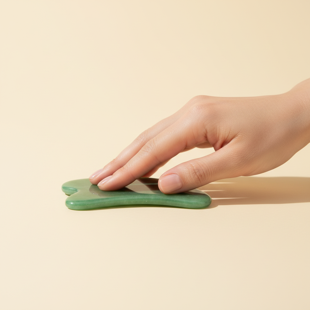 Mano che tiene un gua sha piatto contro lo zigomo, angolazione corretta