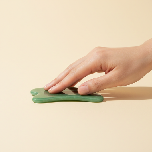 Mano che tiene un gua sha piatto contro lo zigomo, angolazione corretta