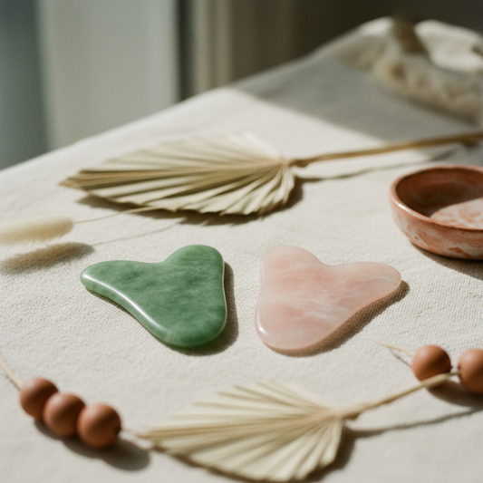 Gua sha in giada verde e gua sha in quarzo rosa affiancati su lino chiaro