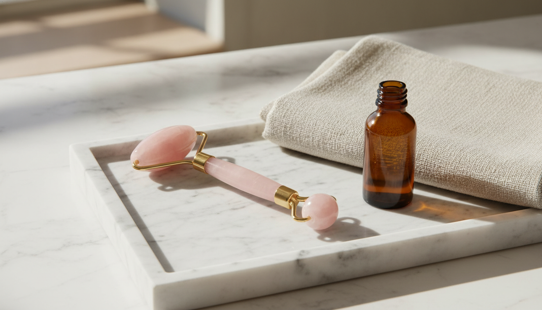Rullo per il viso in quarzo rosa su un vassoio di marmo accanto a un flacone di olio e un asciugamano di lino