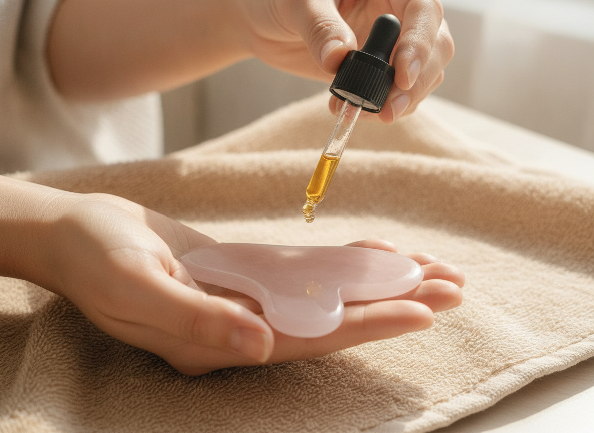Mani che tengono gua sha e olio viso, routine di bellezza del mattino