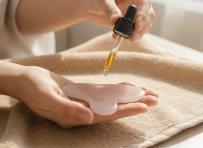 Mani che tengono gua sha e olio viso, routine di bellezza del mattino