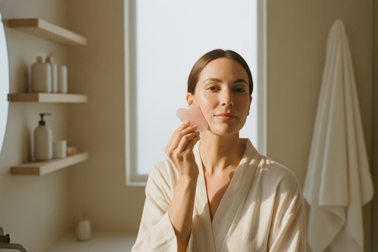 Donna che usa un gua sha in quarzo rosa sullo zigomo, luce del mattino