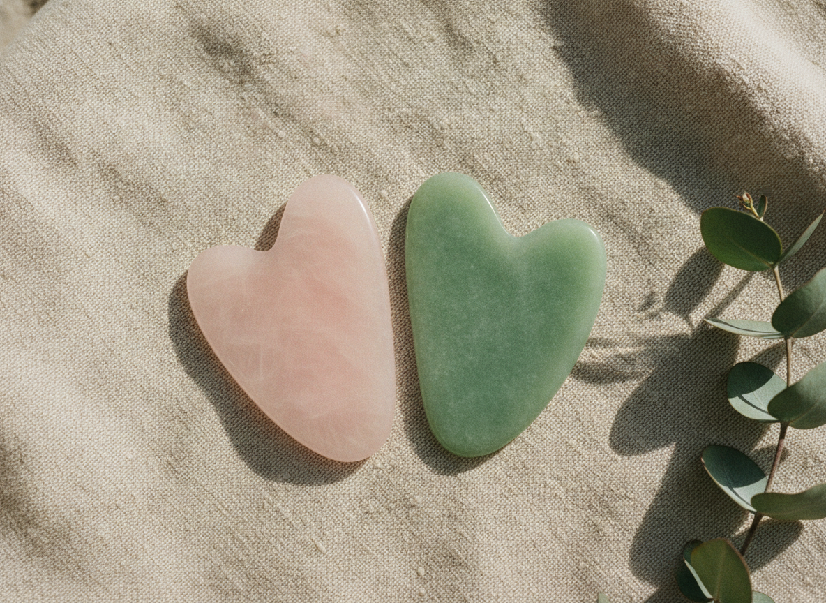 Gua sha in quarzo rosa e in giada verde su lino naturale con eucalipto