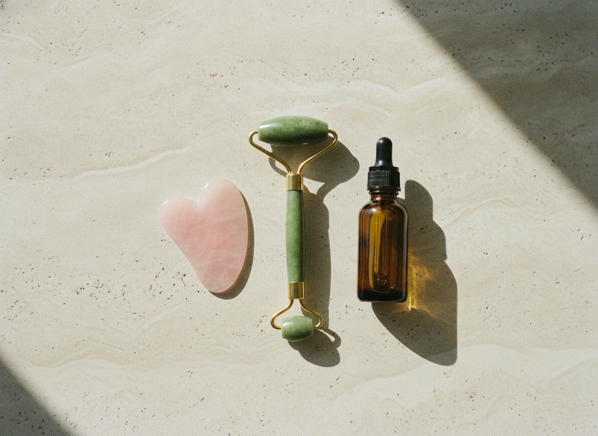 Rullo di giada, gua sha e olio viso disposti su pietra travertino
