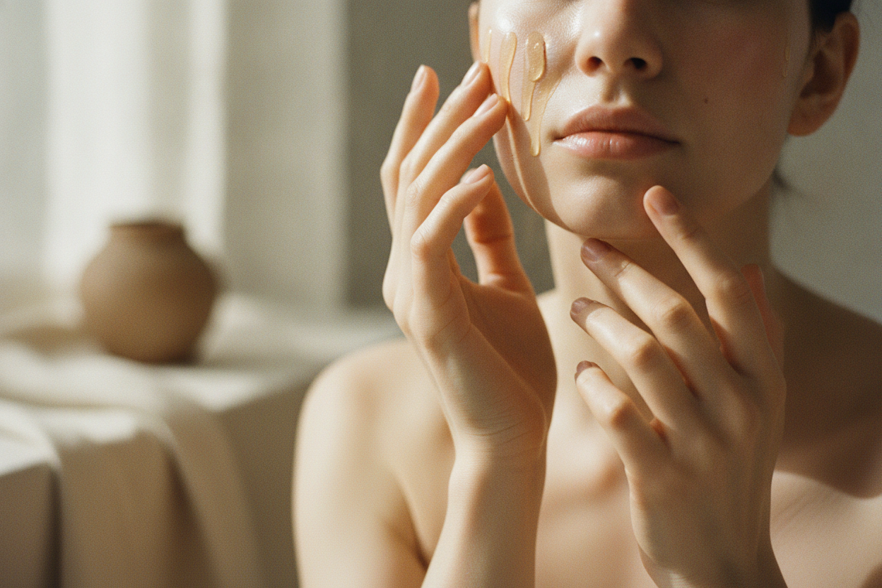 Mani che stendono qualche goccia di olio viso sulla guancia