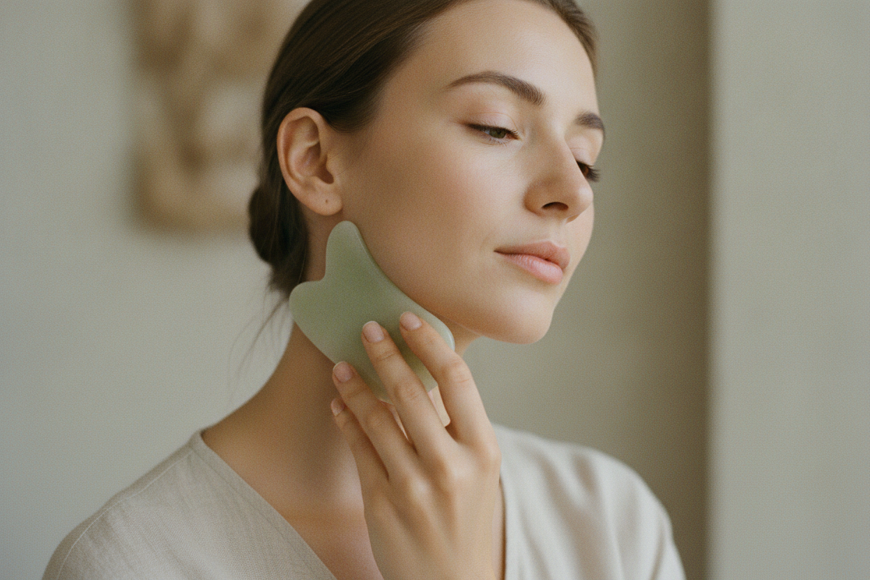 Donna che rifinisce la mascella e il collo con il gua sha