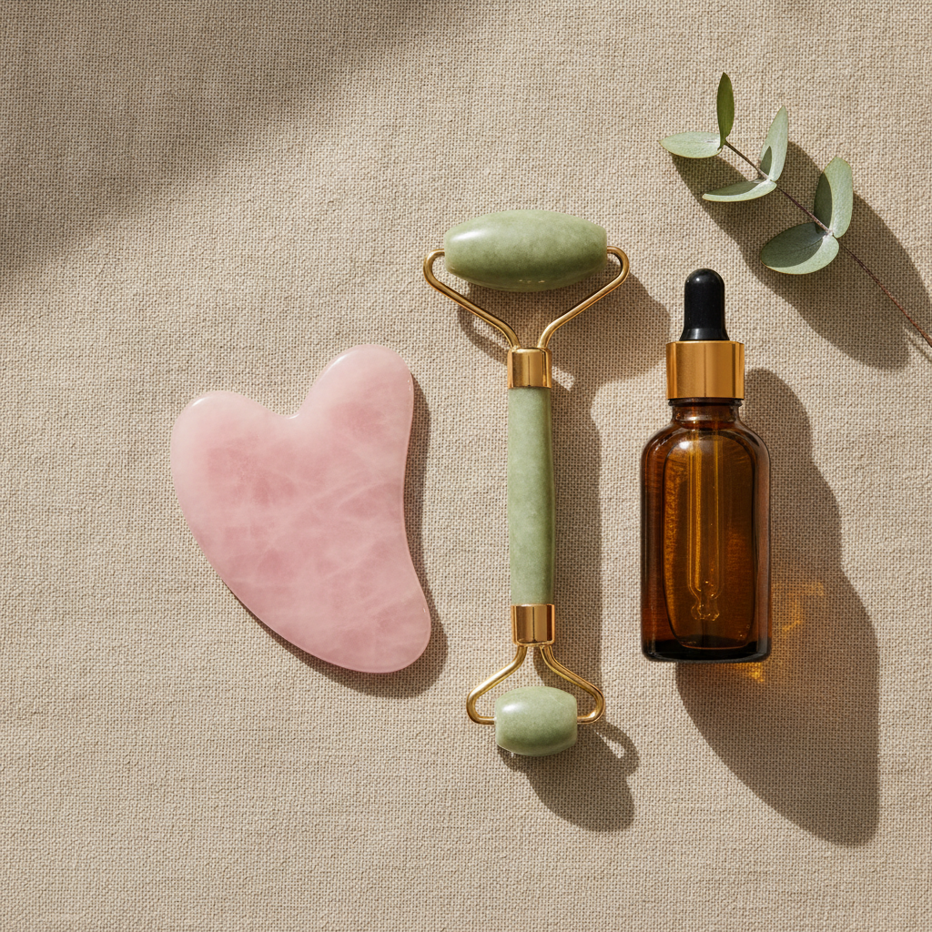 Kit rituale gua sha viso Nuvia: gua sha, rullo di giada e olio di curcuma, flat lay