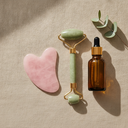 Kit rituale gua sha viso Nuvia: gua sha, rullo di giada e olio di curcuma, flat lay