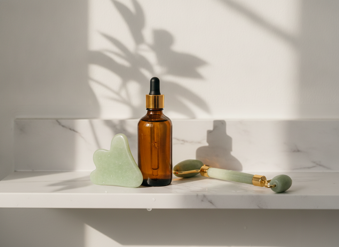 Kit gua sha viso su mensola di marmo con luce naturale