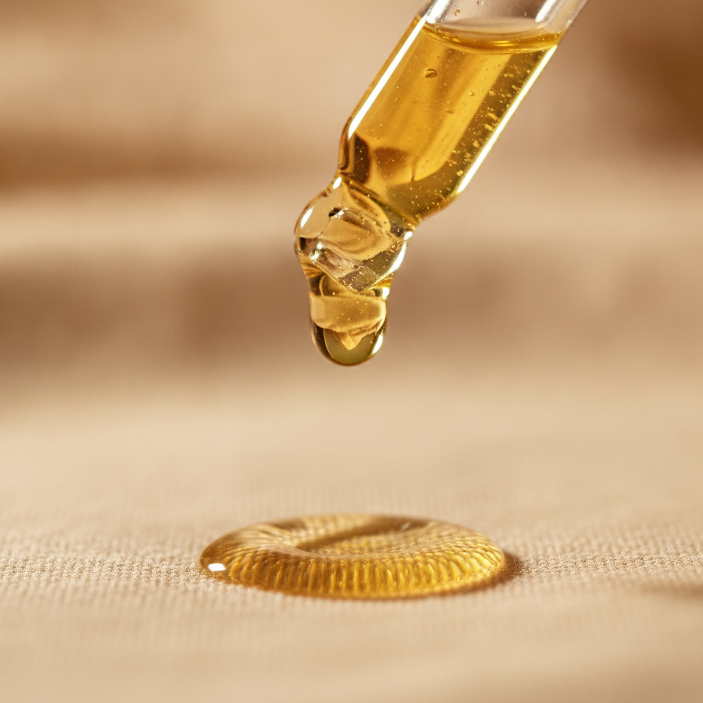 Goccia dorata di olio di curcuma dal contagocce, texture setosa