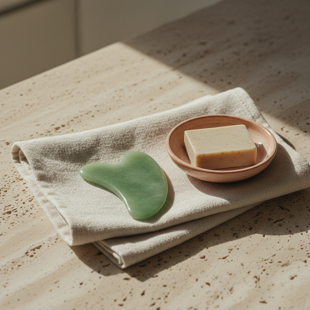 Gua sha in pietra su un telo di lino accanto a una ciotola e sapone neutro