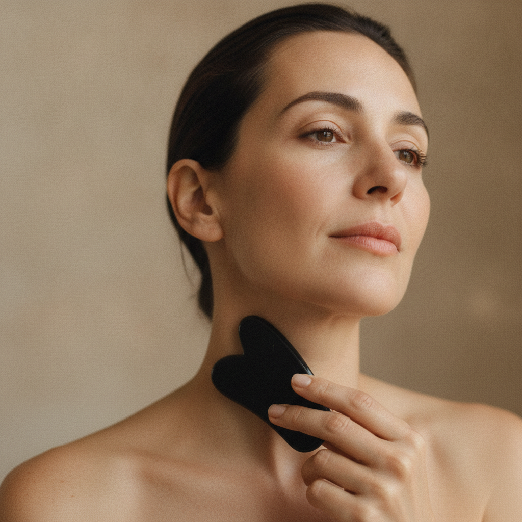 Gua sha viso passato verso il basso lungo il collo per il drenaggio