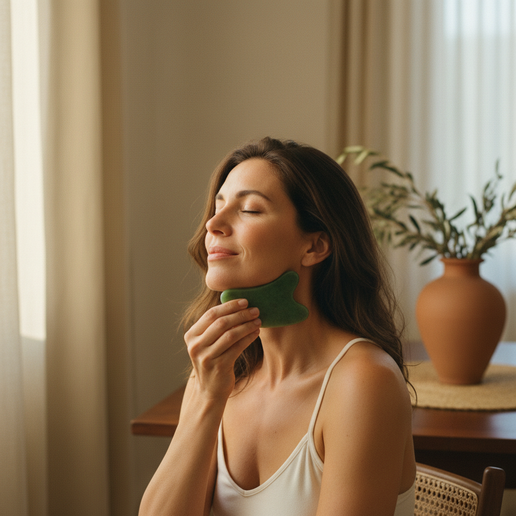 Donna che risale con il gua sha lungo la mascella