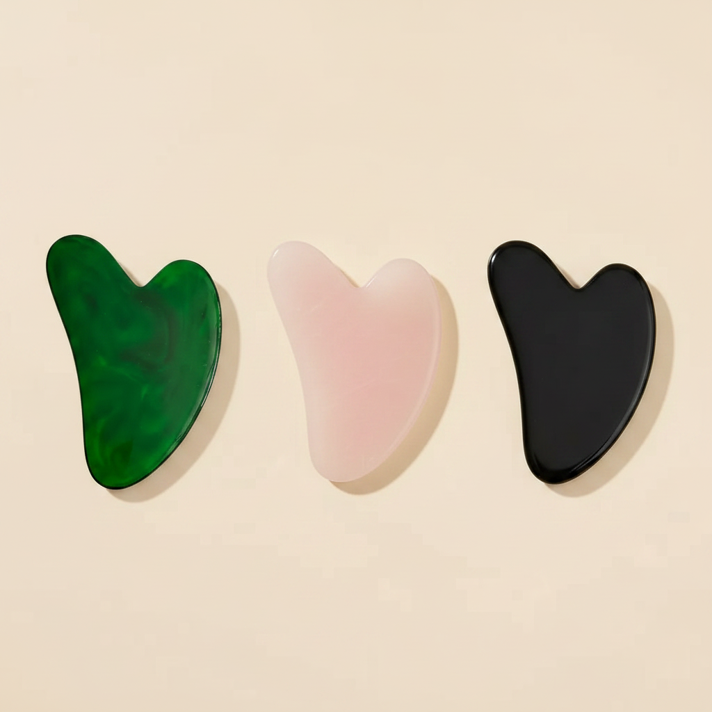 I tre gua sha viso Nuvia in giada verde, quarzo rosa e pietra nera su lino