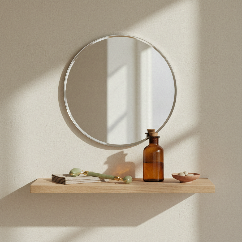 Angolo bagno con specchio, rullo di giada, olio di curcuma e telo di lino