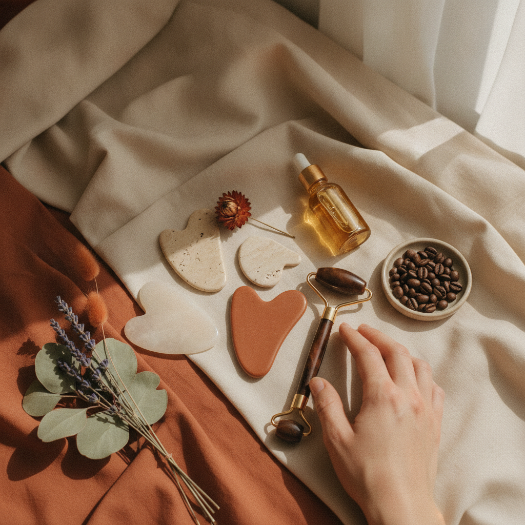 La collezione Nuvia: gua sha nei tre colori, rullo di giada e olio di curcuma