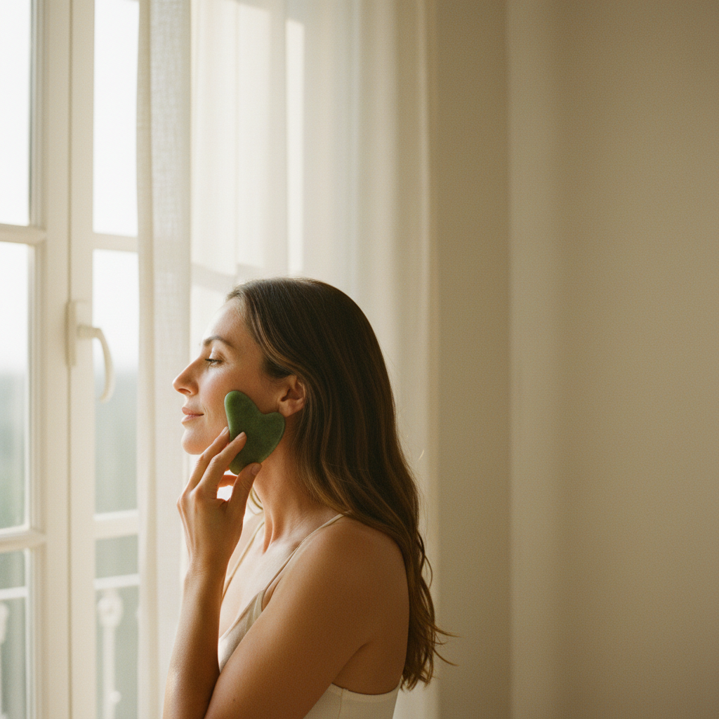 Donna di profilo alla finestra con un gua sha in giada, luce del mattino