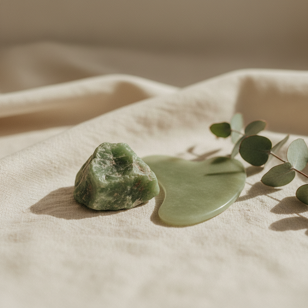 Macro di una pietra grezza verde accanto a un gua sha levigato ed eucalipto