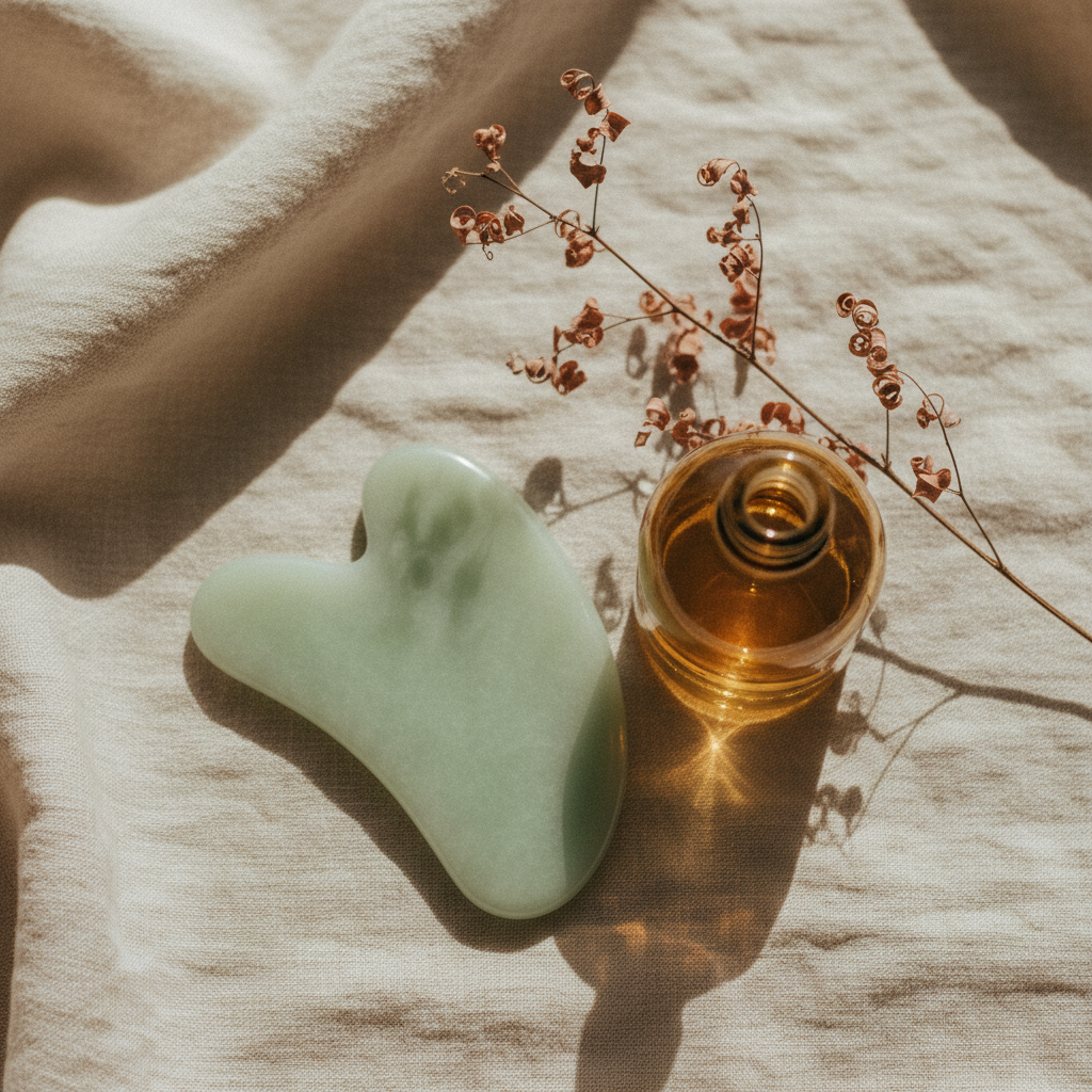 Gua sha in giada e flacone di olio di curcuma su un telo di lino, vista dall'alto