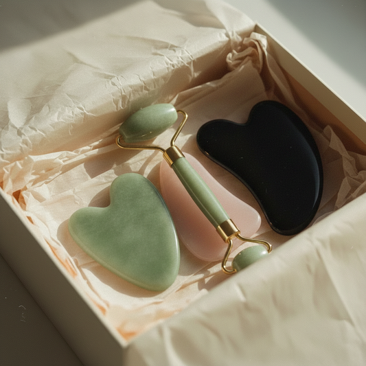 Kit rituale Nuvia: gua sha, rullo di giada e olio di curcuma nella confezione regalo