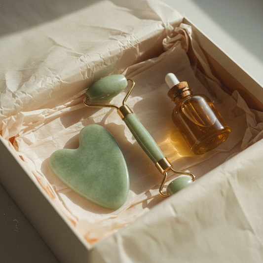Kit rituale Nuvia: gua sha, rullo di giada e olio di curcuma nella confezione regalo