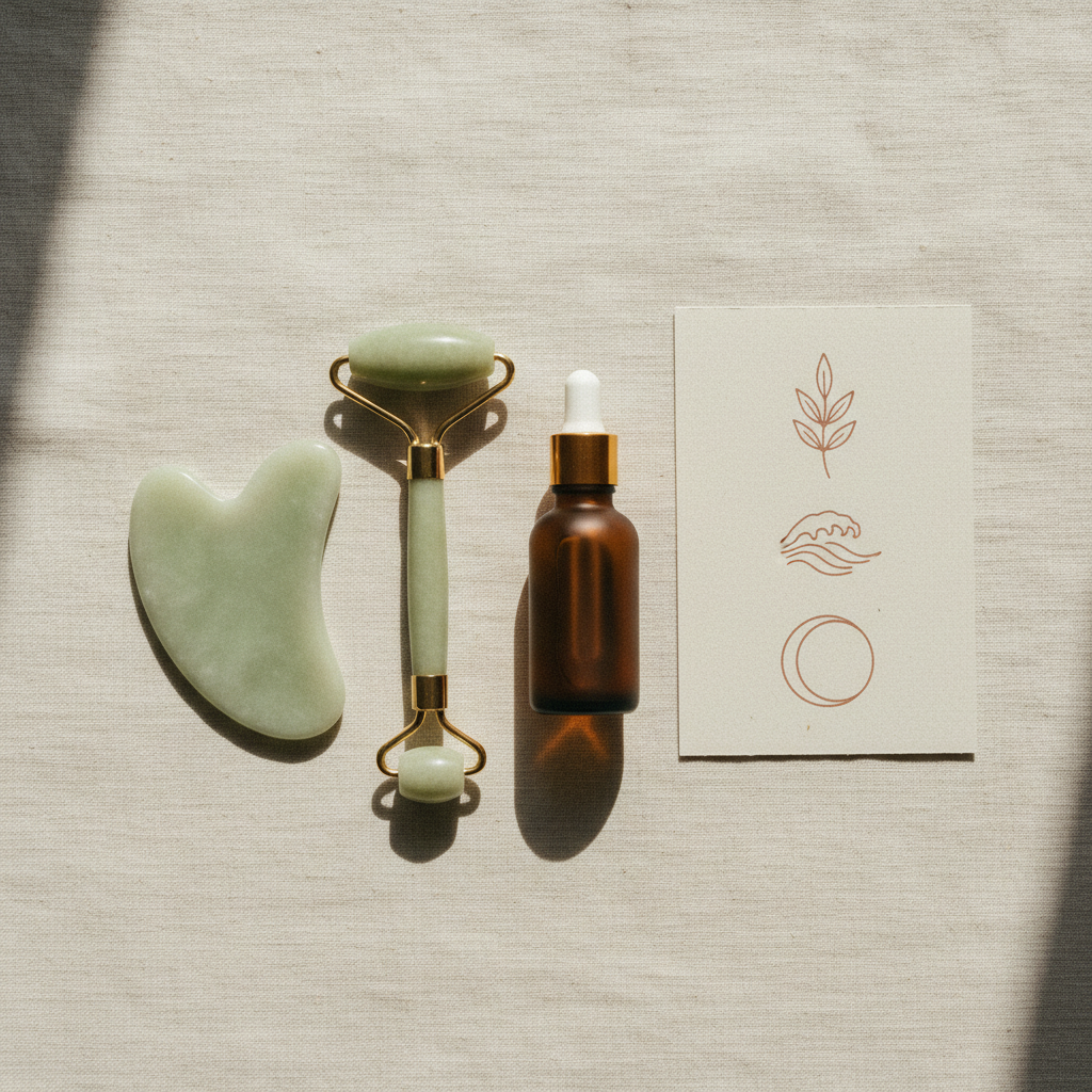Gua sha, rullo di giada, olio e card con la guida ai movimenti, vista dall'alto