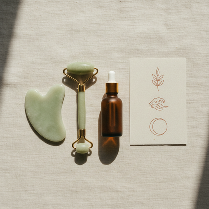Gua sha, rullo di giada, olio e card con la guida ai movimenti, vista dall'alto