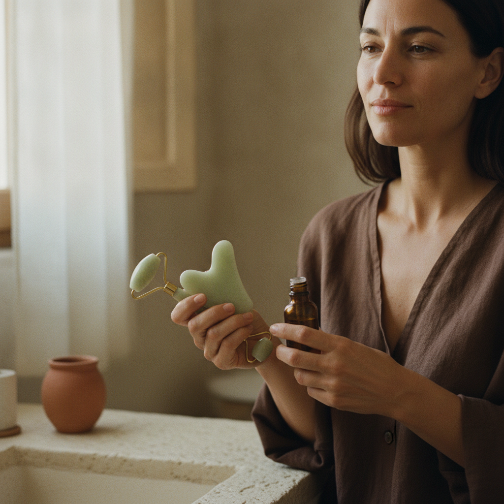 Donna che tiene gua sha, rullo di giada e olio di curcuma del kit Nuvia