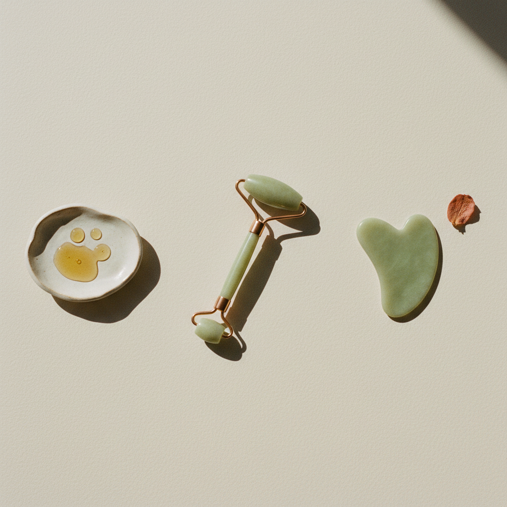 Sequenza del rituale in tre gesti: olio, rullo di giada, gua sha