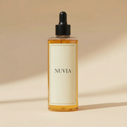 Olio di curcuma viso e corpo Nuvia, flacone in vetro da 200 ml con contagocce